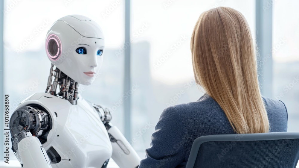 Poster conversation between a humanoid robot and a woman during a technology presentation in a modern offic