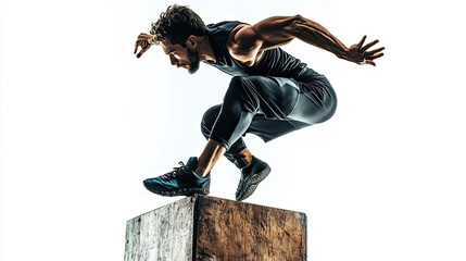 Athletic Man Performing a Box Jump Exercise