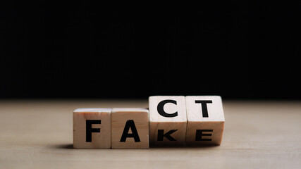 Flipping Wooden cube block for change fake to fact , news and social media concept.