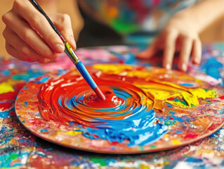 Obraz premium A hand holding a paintbrush mixes vibrant colors on a palette, showcasing artistic creativity.