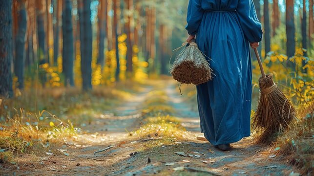igure dressed in a long blue gown walking down a forest path, carrying a bundle of herbs and a broom, evoking an image of a healer or witch in a serene