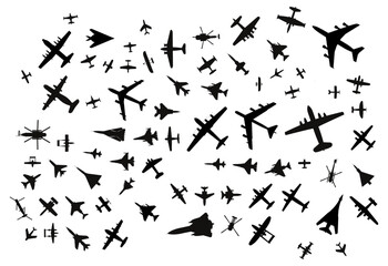 Black airplanes top view. Military jet fighter silhouette icons