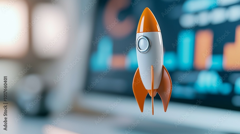 Fototapete a small orange and white rocket model floats above a computer screen displaying colorful graphs and 