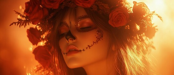 A woman celebrates the Day of the Dead, wearing intricate face paint and a floral crown, surrounded by warm, glowing colors that capture the festive spirit of the holiday