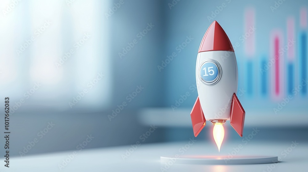 Aufkleber a small rocket launching indoors with visual analytics displayed in the background, showcasing eleme