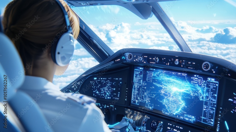 Poster pilot in cockpit with advanced flight dashboard control