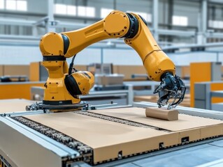 A robotic arm handling packages in an industrial setting.