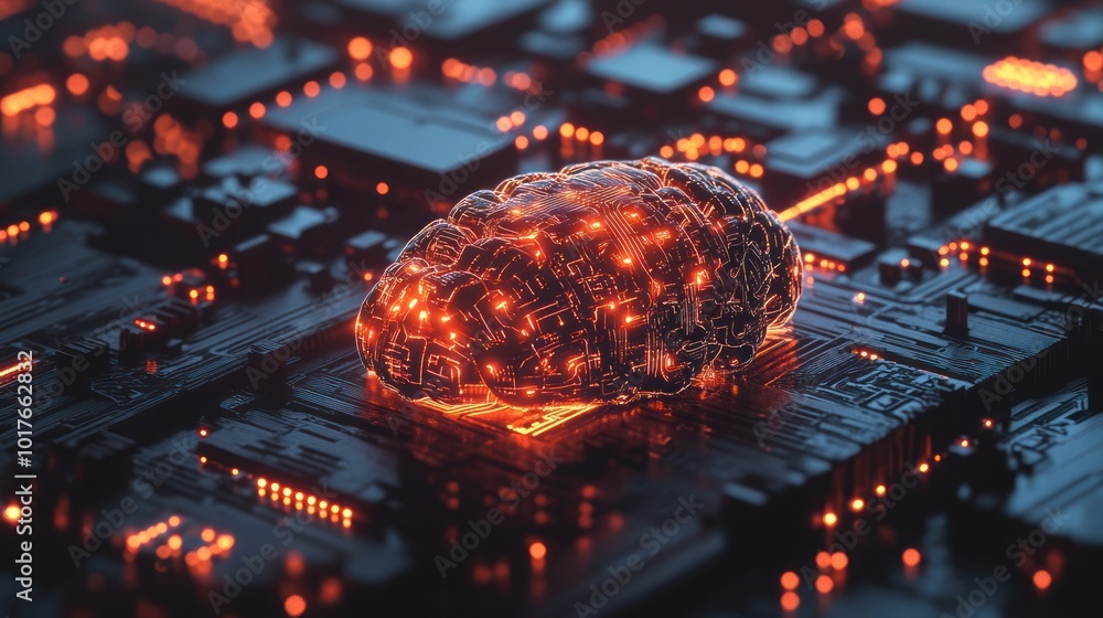Poster digital brain with holographic circuits, using holography to create a more advanced and visually dyn