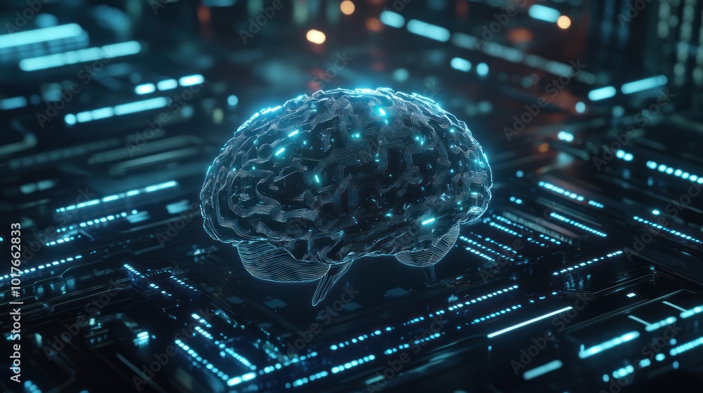 Poster digital brain with holographic circuits, using holography to create a more advanced and visually dyn