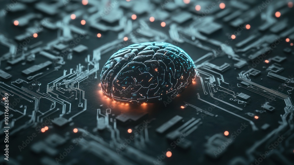 Poster digital brain with holographic circuits, using holography to create a more advanced and visually dyn