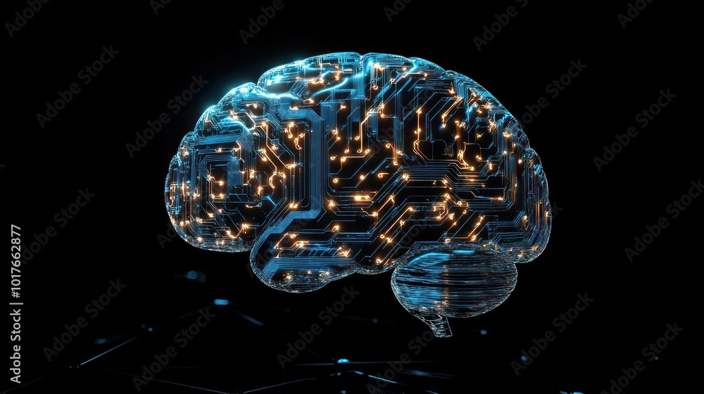 Poster digital brain with holographic circuits, using holography to create a more advanced and visually dyn