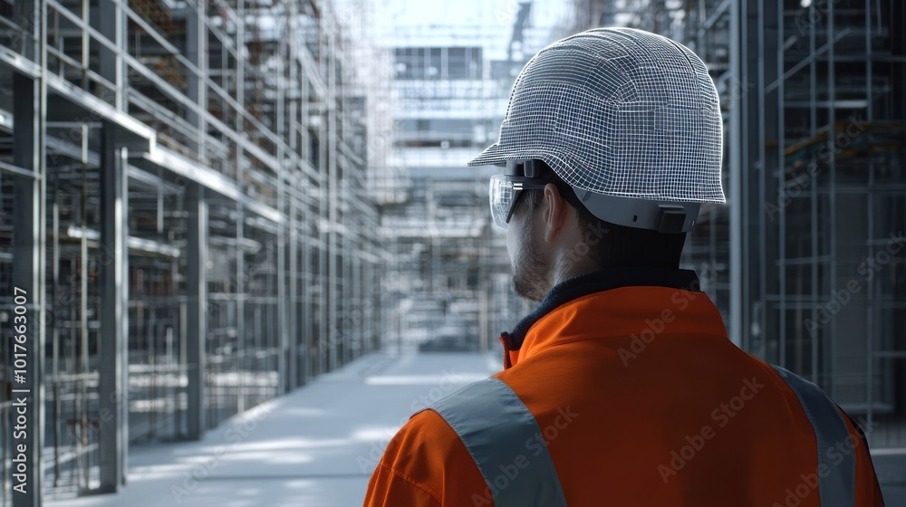 Poster digital construction worker (working with ai or tech), integrating ai for tasks such as 3d modeling,