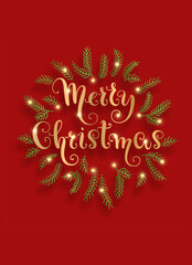 Merry Christmas card, poster. Season's Greetings. Handwritten gold  lettering  with decorative twigs.  Brush pen lettering.