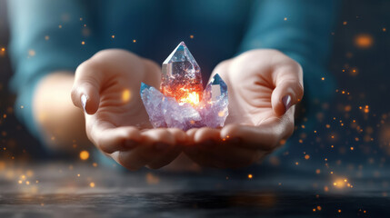 Healing crystals are delicately held in hands, radiating energy and light, symbolizing tranquility and balance. soft glow enhances serene atmosphere