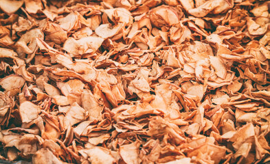 Dried apple slices. Many dried apple slices lie on a white surface. Dried fruits. Organic food.