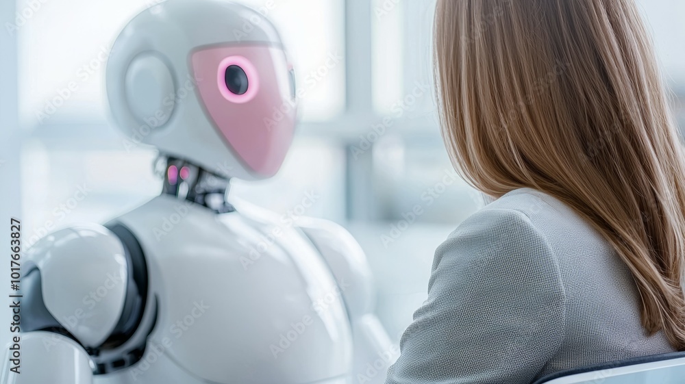 Poster a woman engages in conversation with a humanoid robot, showcasing advancements in artificial intelli