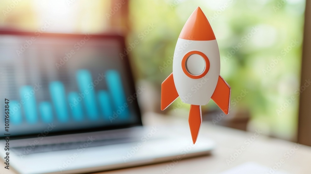 Poster a modern workspace featuring a rocket model floating above a laptop displaying business growth metri
