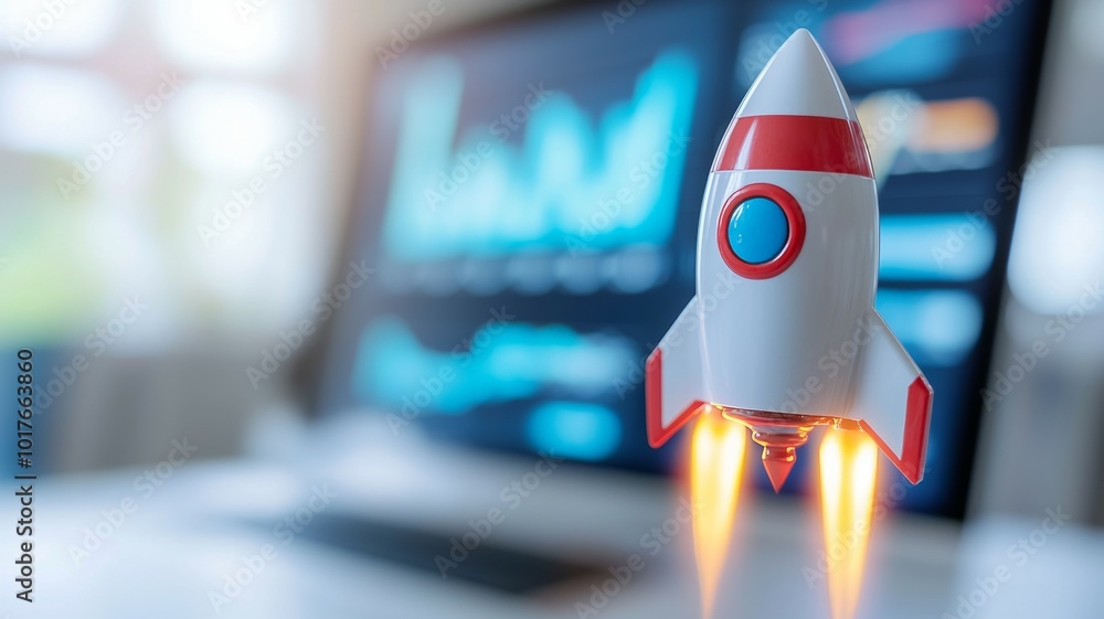 Aufkleber a toy rocket launches upward with engines firing against a backdrop of digital charts and graphs in 
