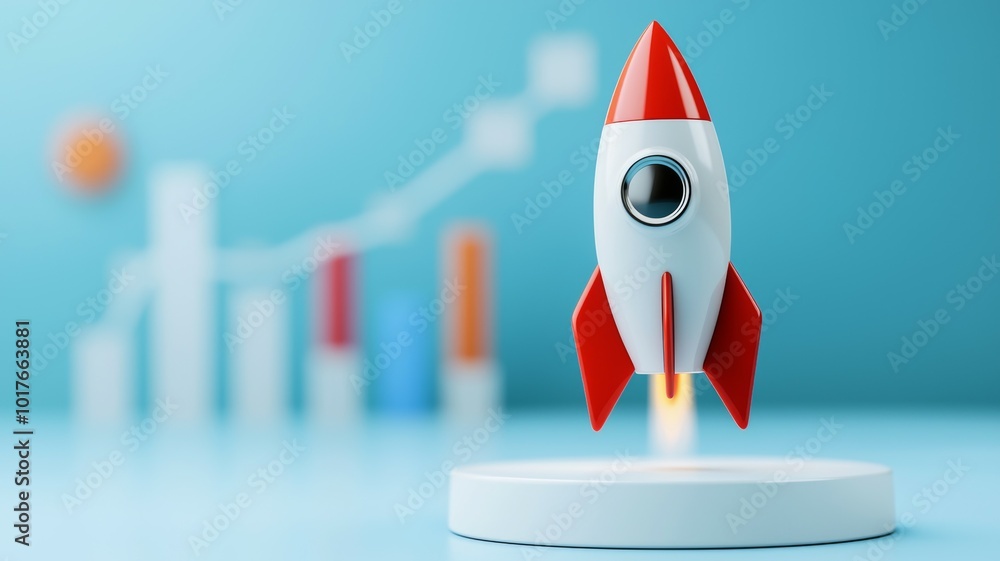 Poster a miniature rocket model takes off against a colorful background with upward trending graphs and vib