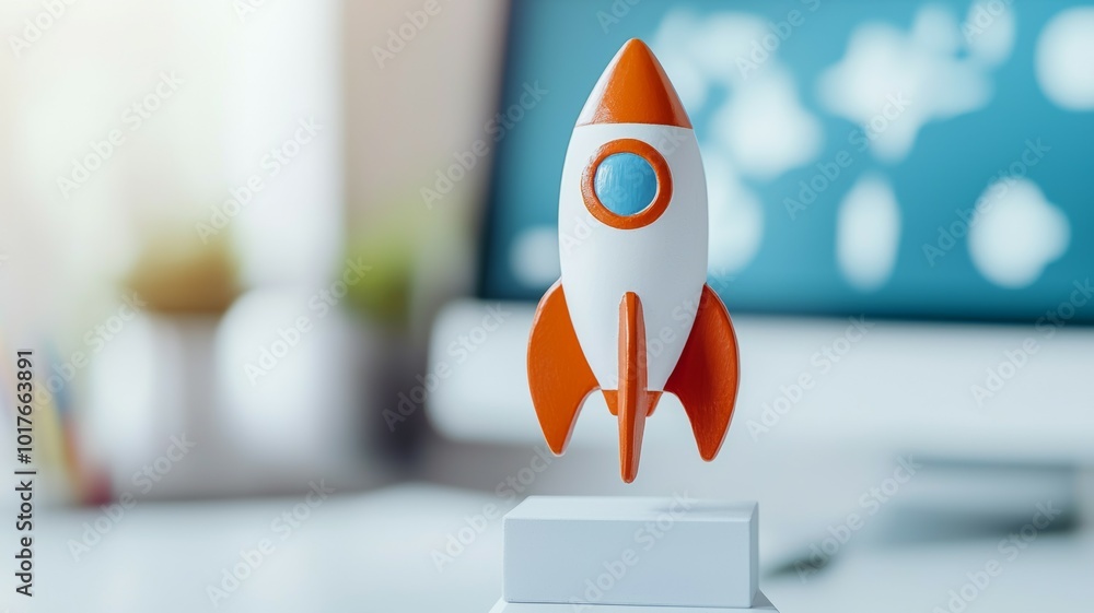 Aufkleber a colorful rocket model displayed on a desk, with a blurred computer screen in the background, showc