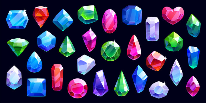 Cartoon crystal gems and jewelry, game asset. Vector jewels, magic crystals, vibrant, shiny gemstone decorations in heart, round, oval, square, rectangular, teardrop, hexagonal and rhombus shapes