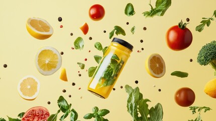 Falling eco-conscious, zero-waste food products Niche for brands dedicated to sustainability, using visually captivating falling food to promote their green values.