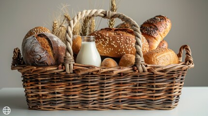 A rustic basket brimming with assorted breads and a bottle of fresh milk against a minimalist backdrop. Generative AI