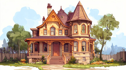 Design a vintage house with Victorianera details, such as ornate cornices and wooden balustrades
