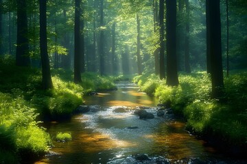 Fototapeta premium Sunlight streams through the trees, illuminating a tranquil creek winding through a lush green forest.