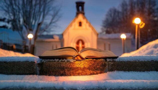 A worn Bible left open on the snowy steps of a chapel, with a warm light glowing from inside the church as night falls