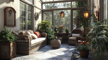 A vintagestyle house with a sunroom filled with antique wicker furniture and potted plants