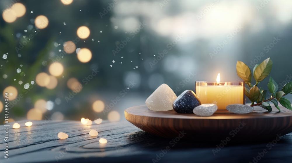 Poster serene meditation space featuring lit candle surrounded by healing crystals on wooden plate, creatin