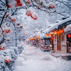 a beautiful snow scene, the village is covered with snow, white camellia tree, many red flowers, ice flower, many bungalows and trees are covered in snow