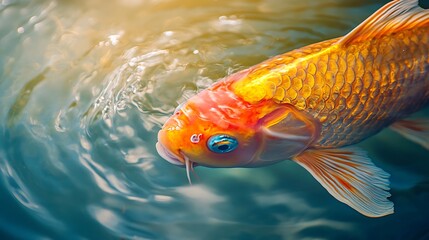 A close-up of a single koi fish in a pond, with its scales shimmering under the sunlight.