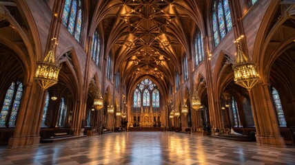 Fototapeta premium A majestic cathedral-like hall featuring stunning stained glass windows that cast colorful light across the intricate stone carvings adorning the walls.