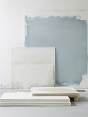 A minimalist art studio scene featuring stacked canvases and a painted wall.