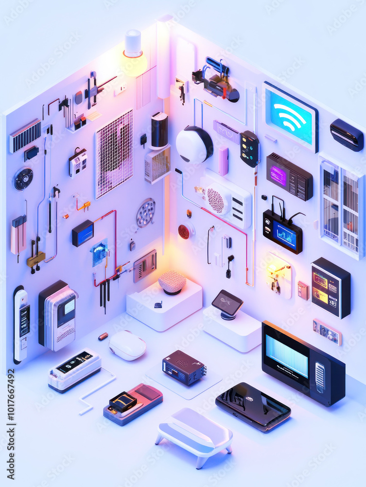 Poster A 3D illustration of various tech gadgets and devices arranged on a wall.