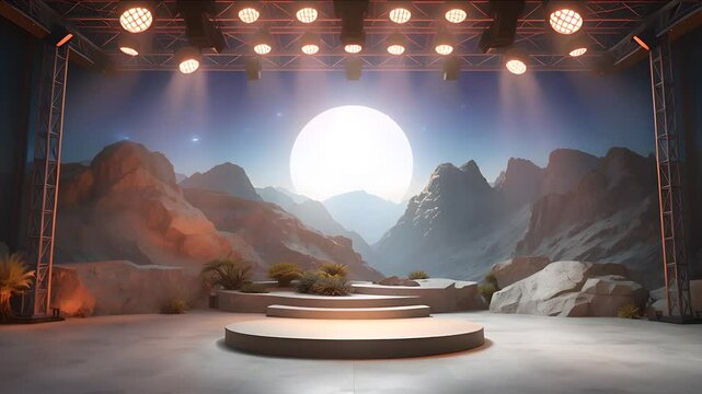 Empty stage with spotlights and a giant moon backdrop in a surreal desert mountain landscape, ready for a night performance or presentation.