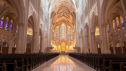 A majestic cathedral-like hall featuring stunning stained glass windows that cast colorful light across the intricate stone carvings adorning the walls.