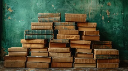 A weathered collection of vintage books stacked against a textured green wall in a cozy reading nook. Generative AI