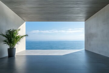 Terrace with sea and beach view. Empty concrete room interior with modern design. Villa with gray attic made of gray stone