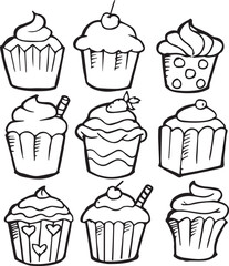 Set of delicious doodle style cupcakes hand drawn sketch 