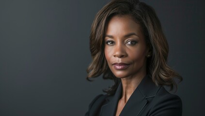 Attractive African American woman wearing business attire. Confident Businesswoman: A young African American woman with natural hair smiles confidently in a professional setting.
