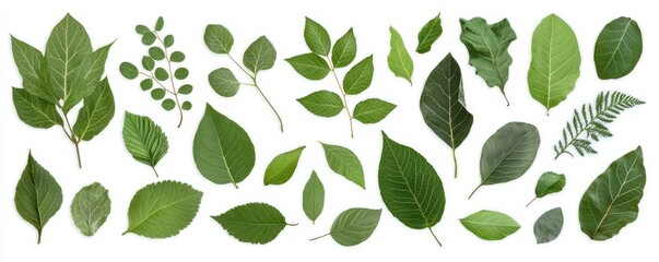 A collection of various green tree leaves, meticulously isolated and arranged on a clean white background.