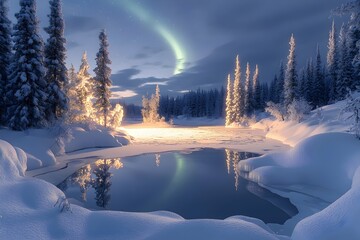 A serene winter scene with snow-covered trees and a frozen lake, illuminated by the magical glow of the aurora borealis.