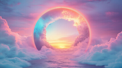 Double exposure of a tunnel entrance overlaid with abstract clouds and glowing lights