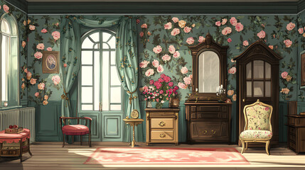 Design a vintagestyle house with antique wooden furniture and floral wallpaper