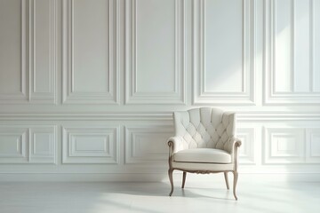 Chair in empty room interior against white classic wall panels. Modern armchair and studio design. Bright minimalist space