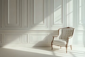 Fototapeta premium Chair in empty room interior against white classic wall panels. Modern armchair and studio design. Bright minimalist space