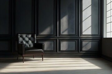Leather chair in empty studio against classic wall panels. Room mockup with luxury modern design. Minimalistic space with window shadow overlay on floor